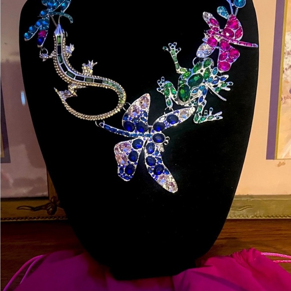 Multicolor Gemstone Dragonfly & Lizard Statement Necklace